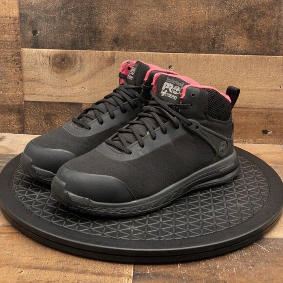 TIMBERLAND PRO DRIVE TRAIN MID COMPOSITE TOE WOMENS BOOTS BLACK PINK SIZE 9 - Picture 1 of 9